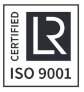 ISO 9001-certificeringsmærke med LR-logo i sort og hvid.